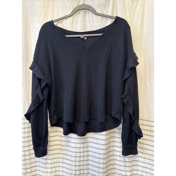 Pilcro Womens Sweater Large Black Ruffle Arms Waffle Knit Bohemian V Neck Boho - Picture 2 of 10